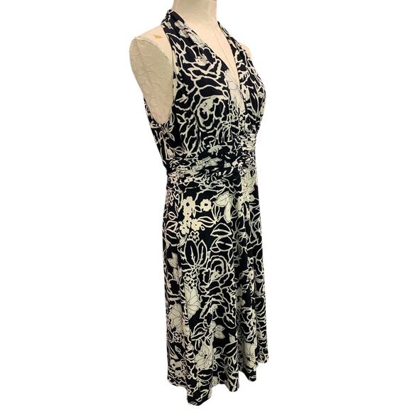 Size 12 Jones Wear Dress Black Ivory Print Pullover Stretch A-Line Midi - Picture 8 of 10